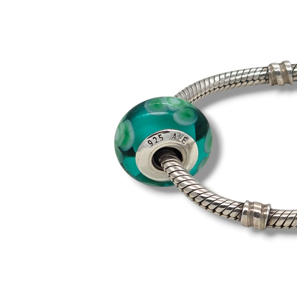 PANDORA Flowers For You Turquoise Green Murano Glass Bead Charm Retired - Picture 15 of 16